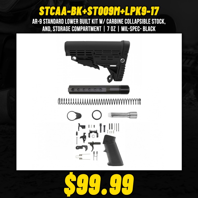 AR-9 Standard Lower Built Kit W/ Carbine Collapsible Stock, and, Storage Compartment | 7 oz| MIL-SPEC- BLACK AR-9 Standard Lower Built Kit W/ Carbine Collapsible Stock, and, Storage Compartment | 7 oz| MIL-SPEC- BLACK
