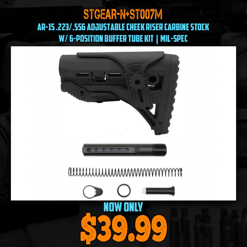 AR-15 .223/.556 Adjustable Cheek Riser Carbine Stock W/ 6-position Buffer Tube Kit| Mil-Spec
