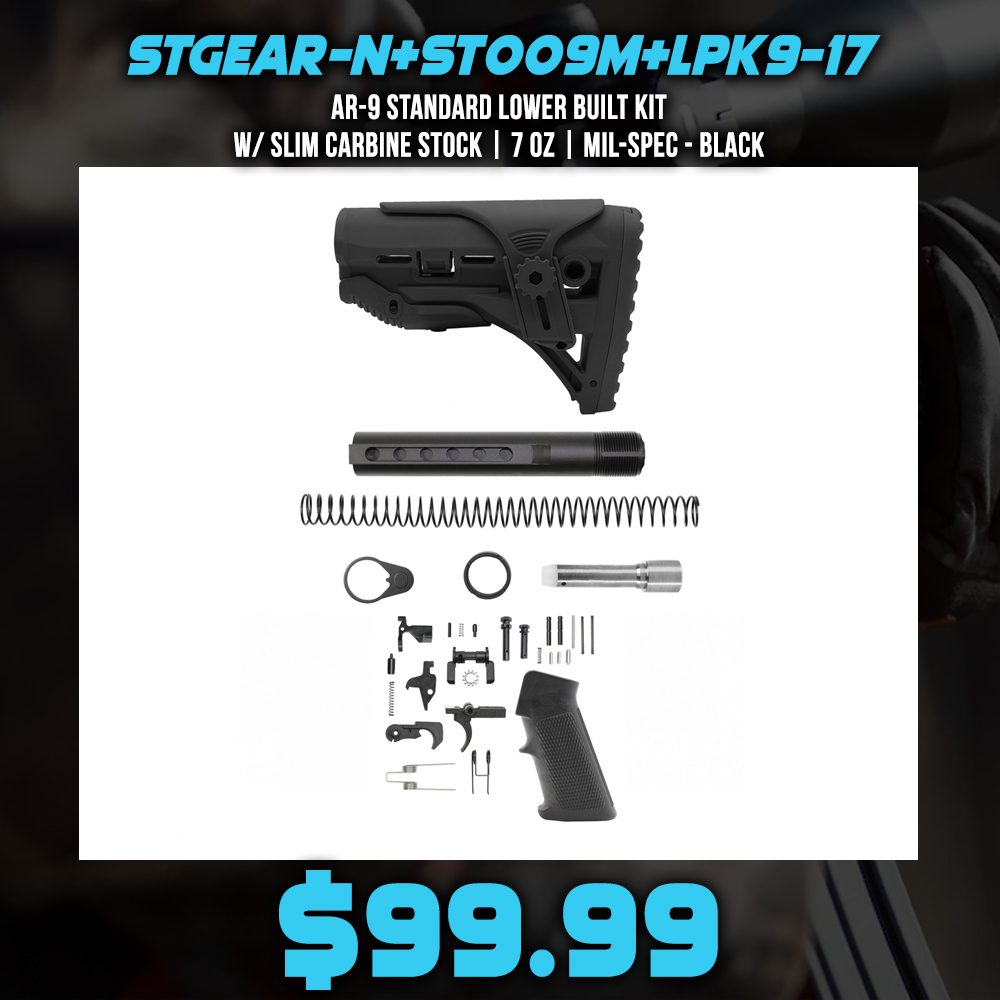 AR-9 Standard Lower Built Kit W/ Slim Carbine Stock | 7 oz| MIL-SPEC- BLACK AR-9 Standard Lower Built Kit W/ Slim Carbine Stock | 7 oz| MIL-SPEC- BLACK