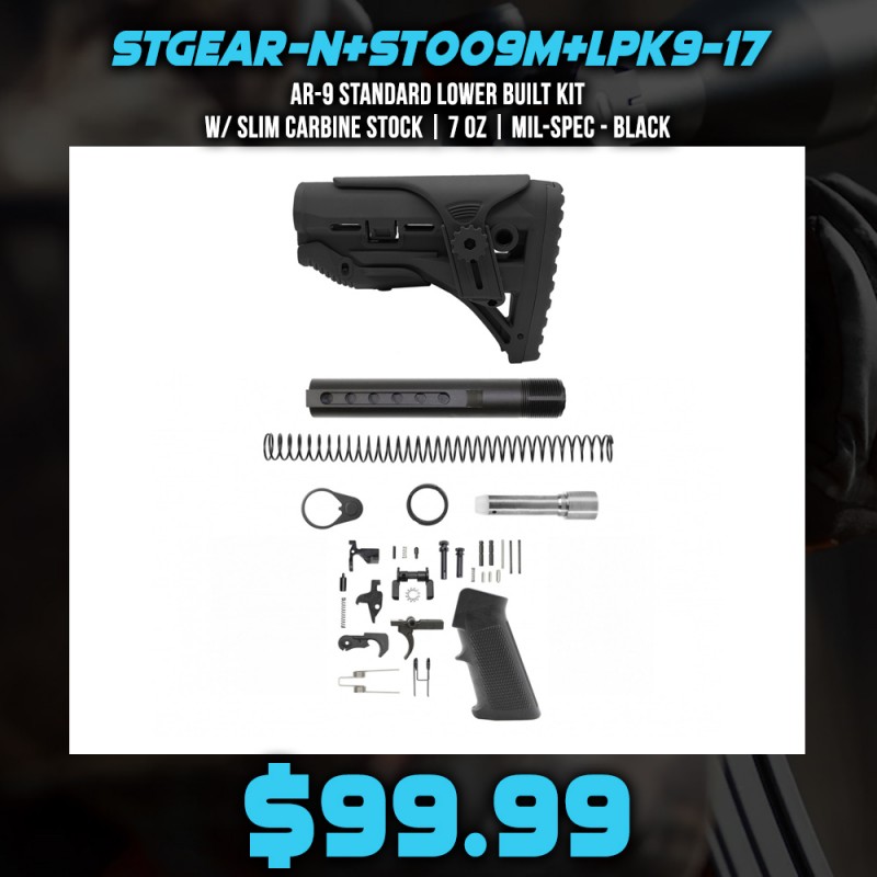 AR-9 Standard Lower Built Kit W/ Slim Carbine Stock | 7 oz| MIL-SPEC- BLACK AR-9 Standard Lower Built Kit W/ Slim Carbine Stock | 7 oz| MIL-SPEC- BLACK