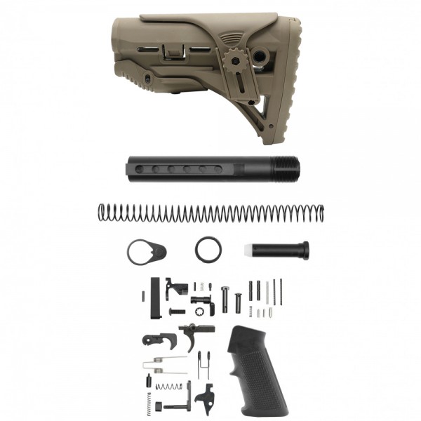 AR-15 .223/.556 Adjustable Cheek Riser Carbine Stock W/ 6-position Buffer Tube Kit and Lower Parts kit|LPK-17|Mil-Spec- Tan