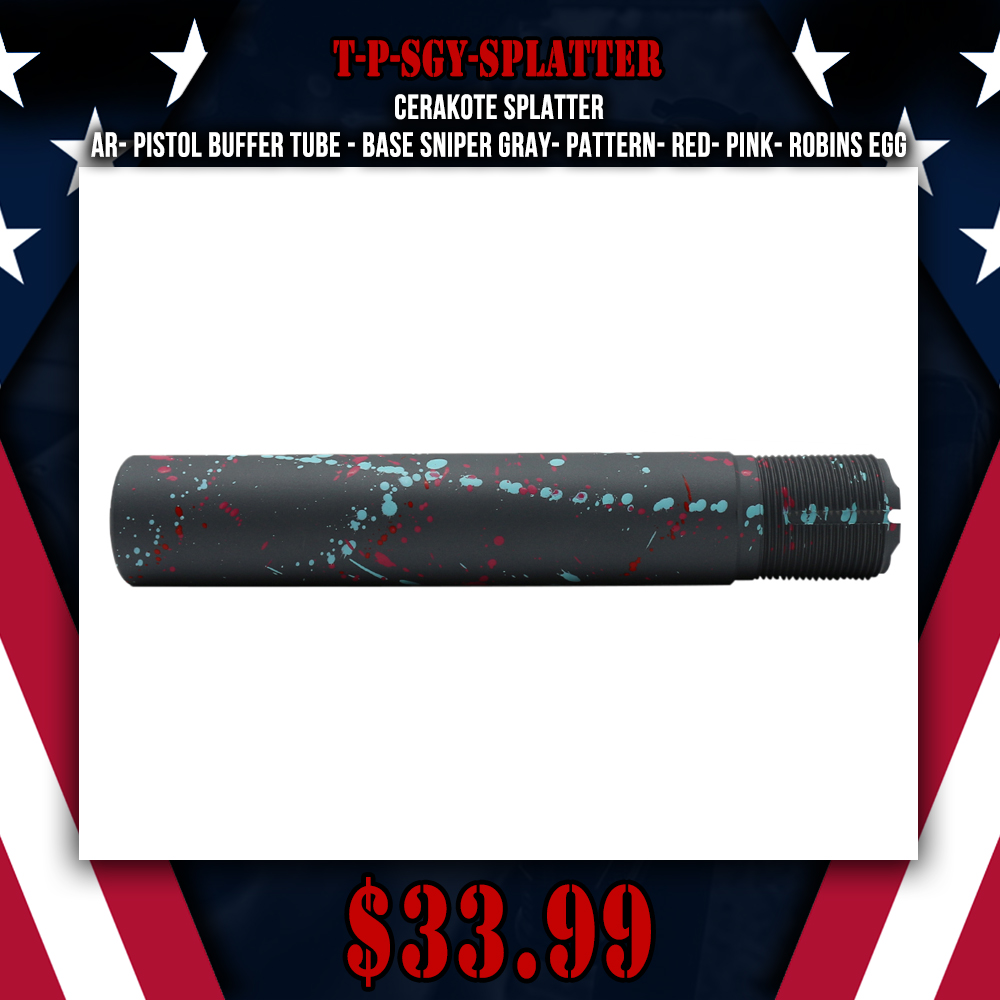 Cerakote Splatter| AR- Pistol Buffer Tube - Base Sniper Gray- Pattern- Red- Pink- Robins Egg Cerakote Splatter| AR- Pistol Buffer Tube - Base Sniper Gray- Pattern- Red- Pink- Robins Egg