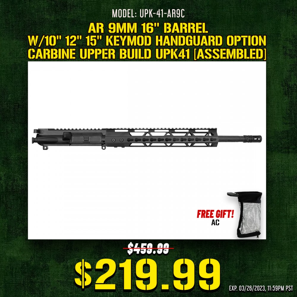 AR 9mm 16'' Barrel W/10'' 12'' 15'' Keymod Handguard Option | Carbine Upper Build UPK41 [ASSEMBLED]