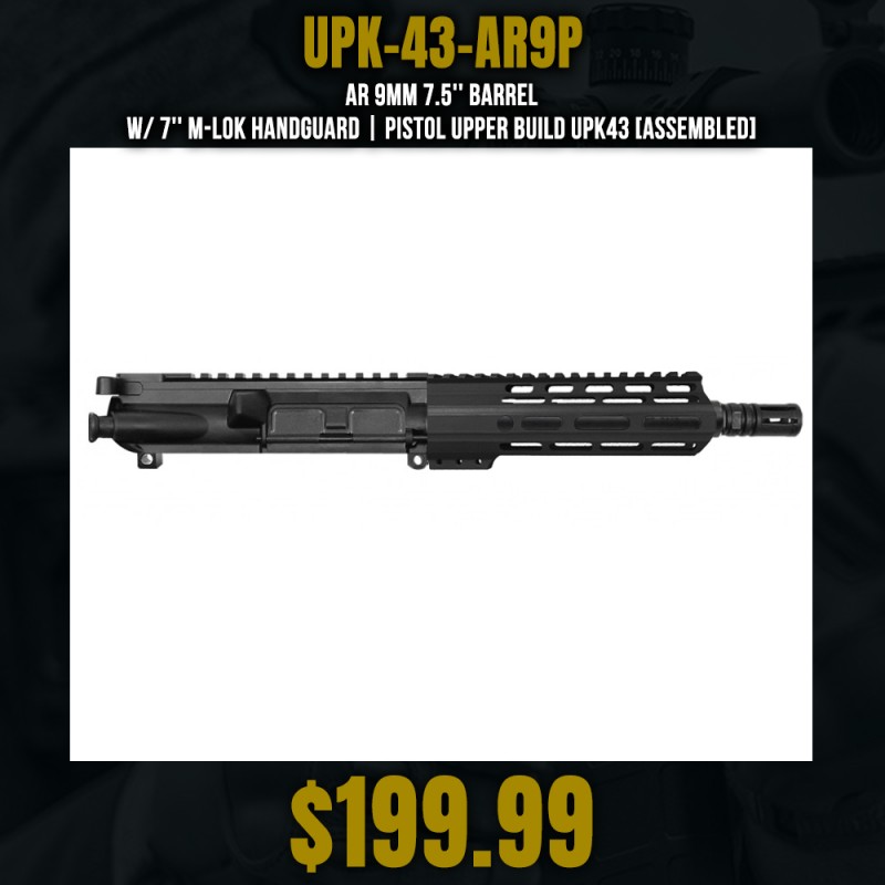 AR 9mm 7.5'' Barrel W/ 7'' M-Lok Handguard | Pistol Upper Build UPK43 [ASSEMBLED]