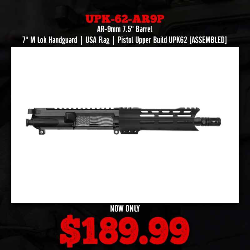 AR-9mm 7.5'' Barrel 7'' M Lok Handguard | USA Flag | Pistol Upper Build UPK62 [ASSEMBLED]