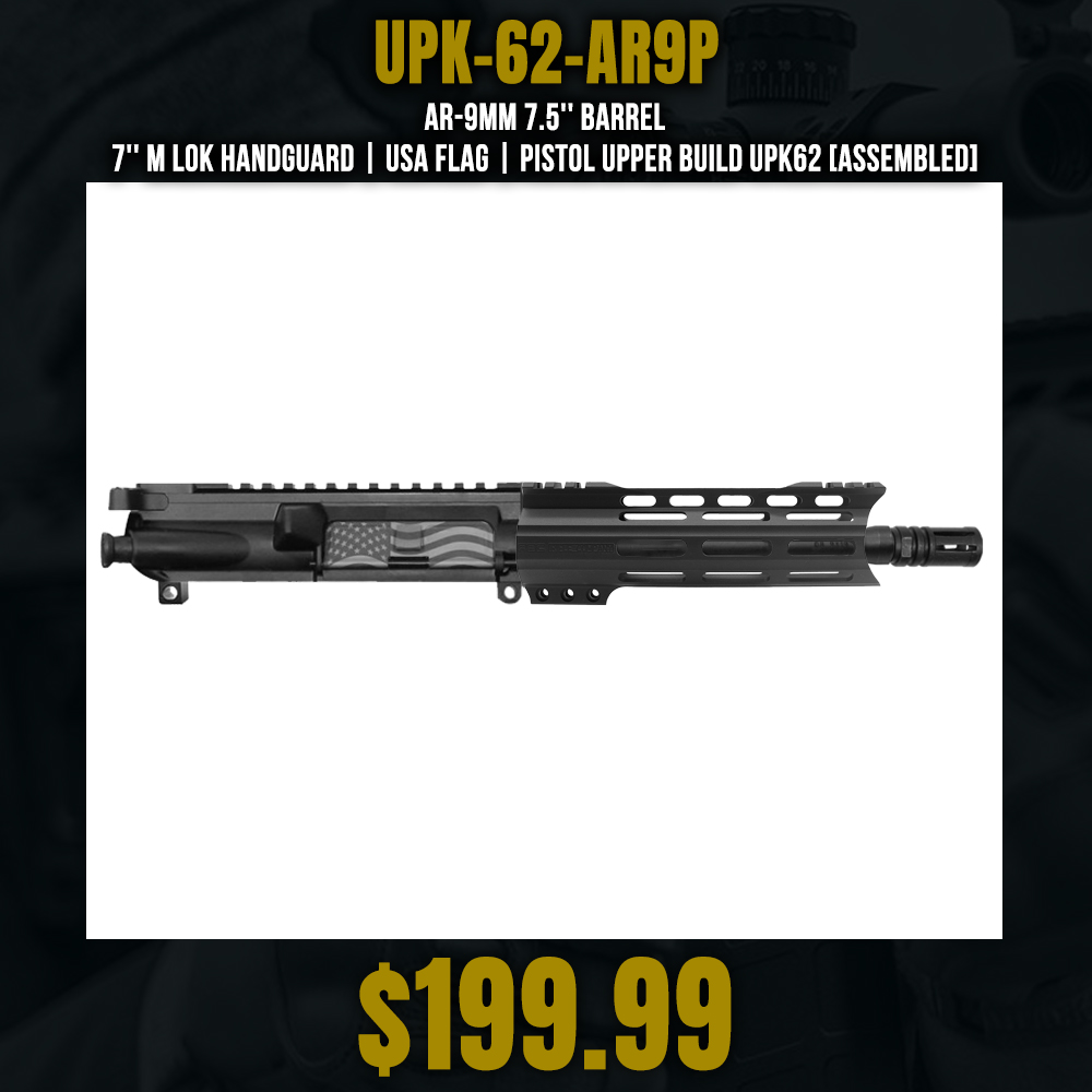 AR-9mm 7.5'' Barrel 7'' M Lok Handguard | USA Flag | Pistol Upper Build UPK62 [ASSEMBLED]