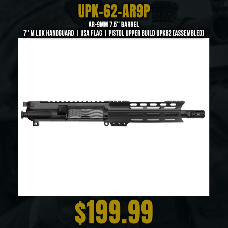 AR-9mm 7.5'' Barrel 7'' M Lok Handguard | USA Flag | Pistol Upper Build UPK62 [ASSEMBLED]