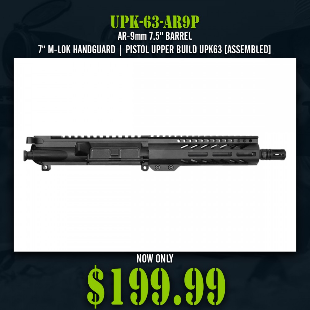 AR-9mm 7.5'' BARREL 7'' M-LOK HANDGUARD | PISTOL UPPER BUILD UPK63 [ASSEMBLED]