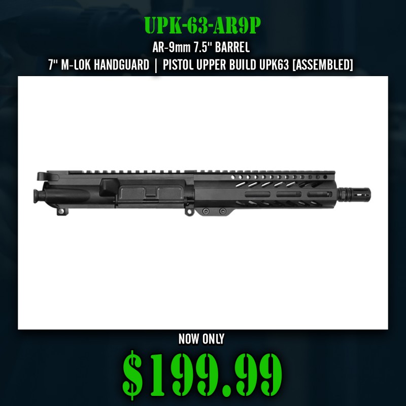 AR-9mm 7.5'' BARREL 7'' M-LOK HANDGUARD | PISTOL UPPER BUILD UPK63 [ASSEMBLED]