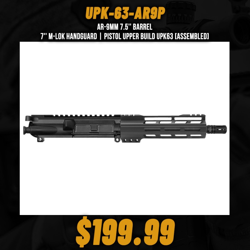AR-9mm 7.5'' BARREL 7'' M-LOK HANDGUARD | PISTOL UPPER BUILD UPK63 [ASSEMBLED]
